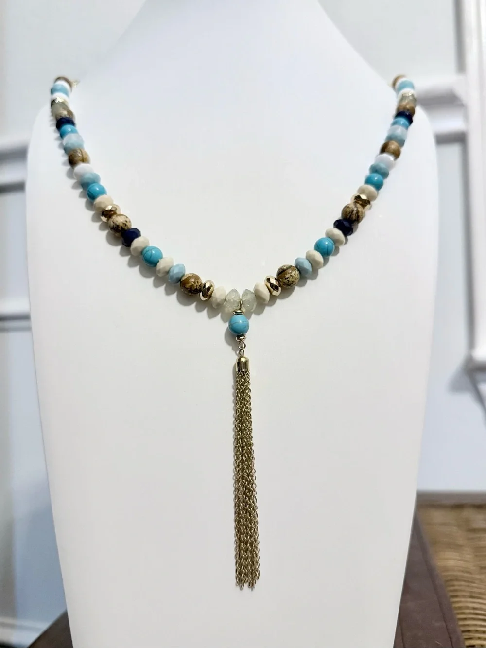 NWT Ashley Cooper Turquoise and Gold Bead Tassel Necklace and Earring Set